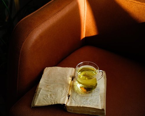 A cup of tea and a book on a comfortable chair